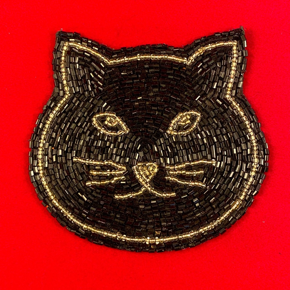 Vintage hand beaded Halloween black cat patch